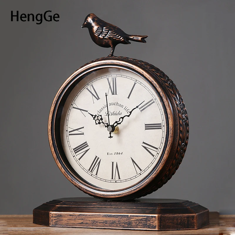 

Modern Retro Desk Clock American Style Iron Art Bird Decor Office Desktop Ornament Metal Clocks Home Living Room Decoration