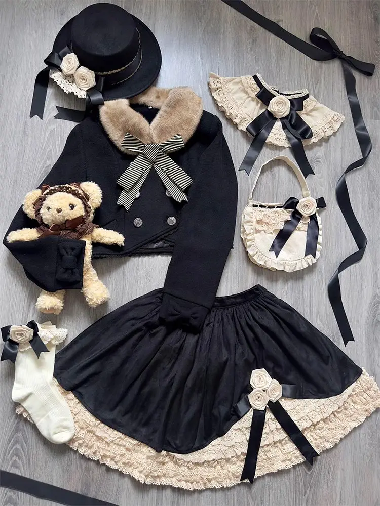 

Autumn Japanese Y2K Dark Style Sweet 2 Piece Set Women's Fur-collared Bowknot Coat + Elastic Waist Mini Skirt Elegant Lolita Set