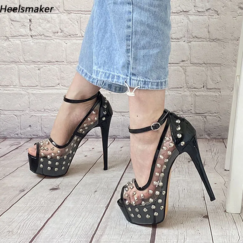 

Sukeia Women Transparent Pumps Studded Ankle Strap Peep Toe Stiletto Heels Black Night Club Shoes Ladies Plus US Size 4-15