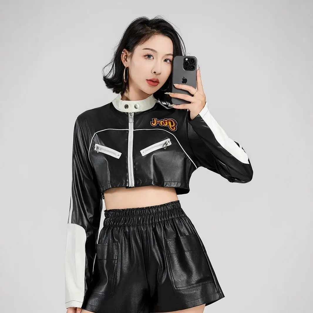Faionable ort couro motocicleta jaet feminino sexy picante cor blo cross-border sle longo sve seda brilho