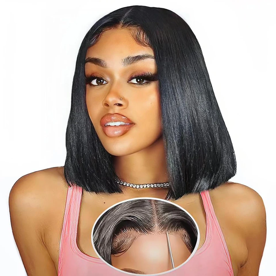 

Straight Short Bob Human Hair Wigs Natural Black T-Part Lace Front Human Hair Wigs Wear&Go Glueless Wigs Human Hair For Women