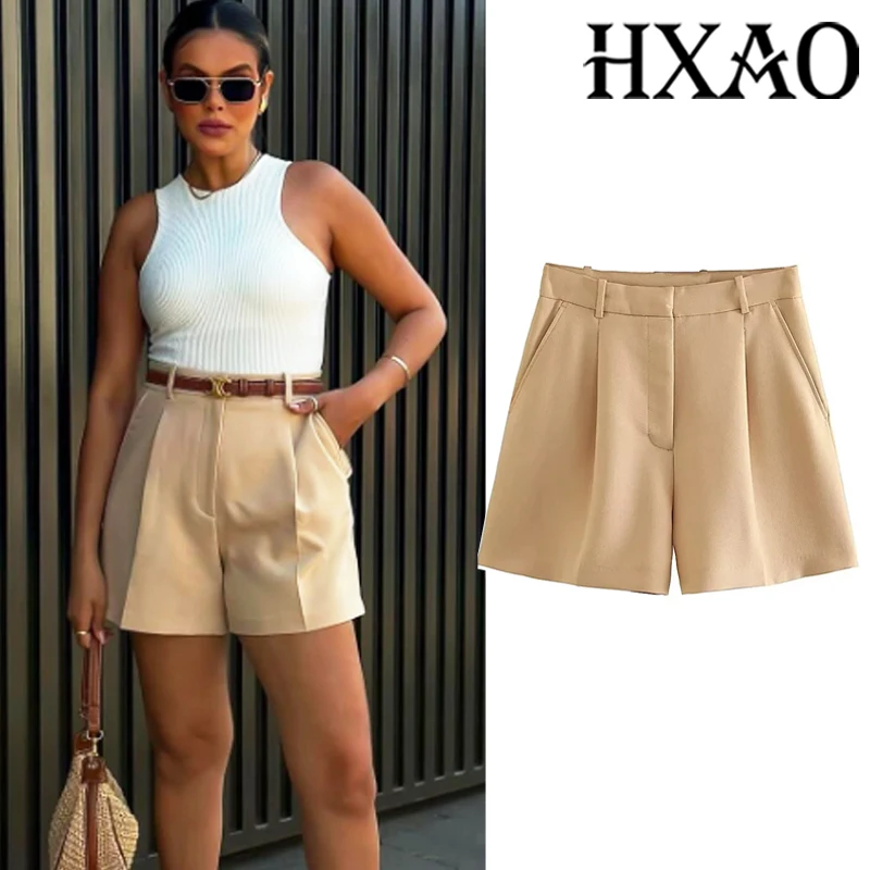 HXAO Pantaloncini corti da donna Mini Pantaloncini neri Pieghe estive Pantaloncini larghi da donna Pantaloncini casual a vita alta Bermuda da ufficio Pantaloncini bianchi rosa