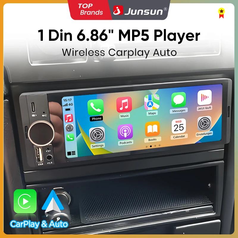 Junsun 6,86'' 1 Din Auto Stereo Bluetooth Wireless für Apple Carplay Android Auto FM MP5 Radio Player Universal IPS Touchscreen