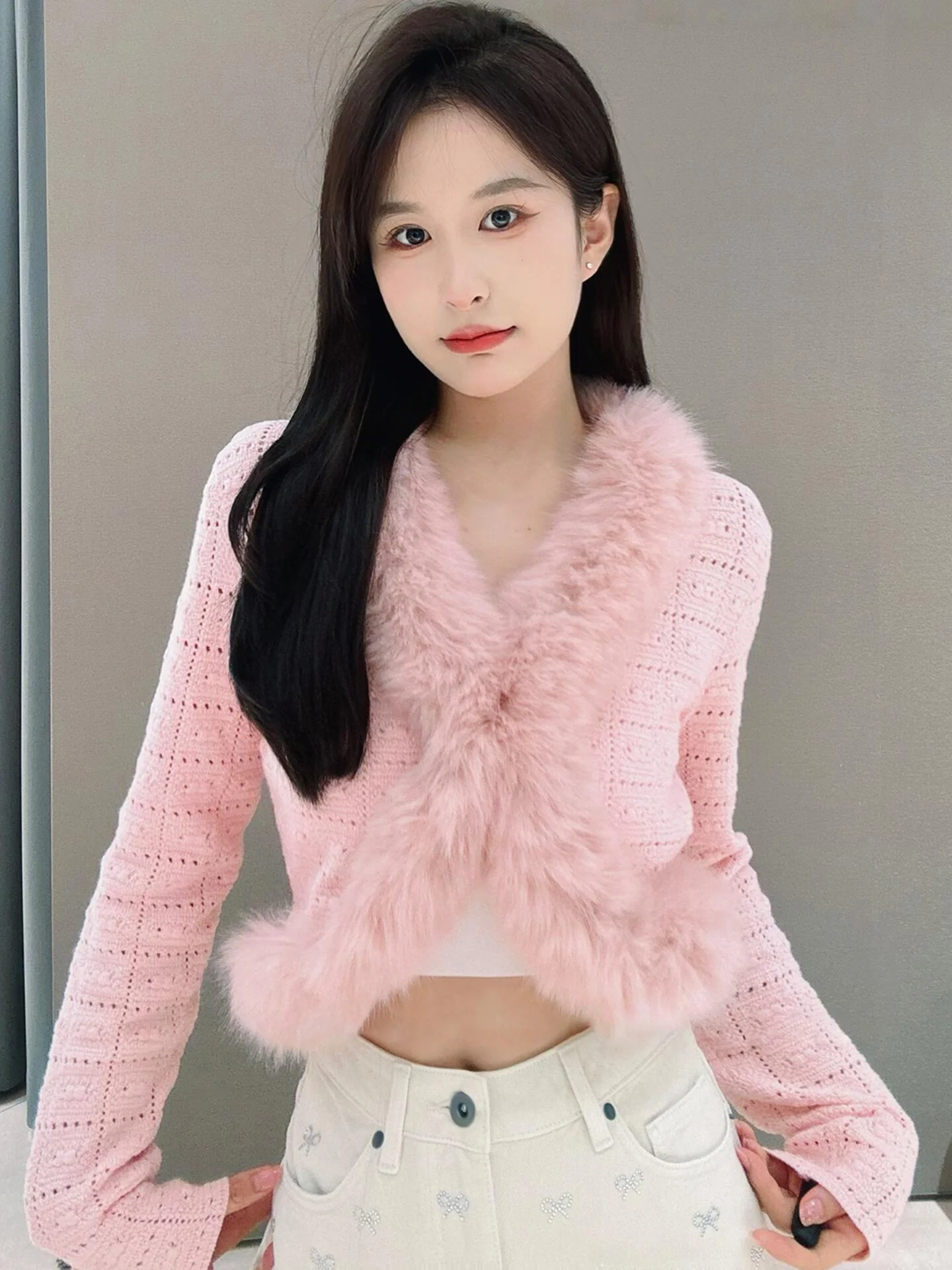 Sweet ort Knitted Cardigan Coat with Furry Collar for Women Ele Commute Sle Regular Fit Medium Softn Long Sve