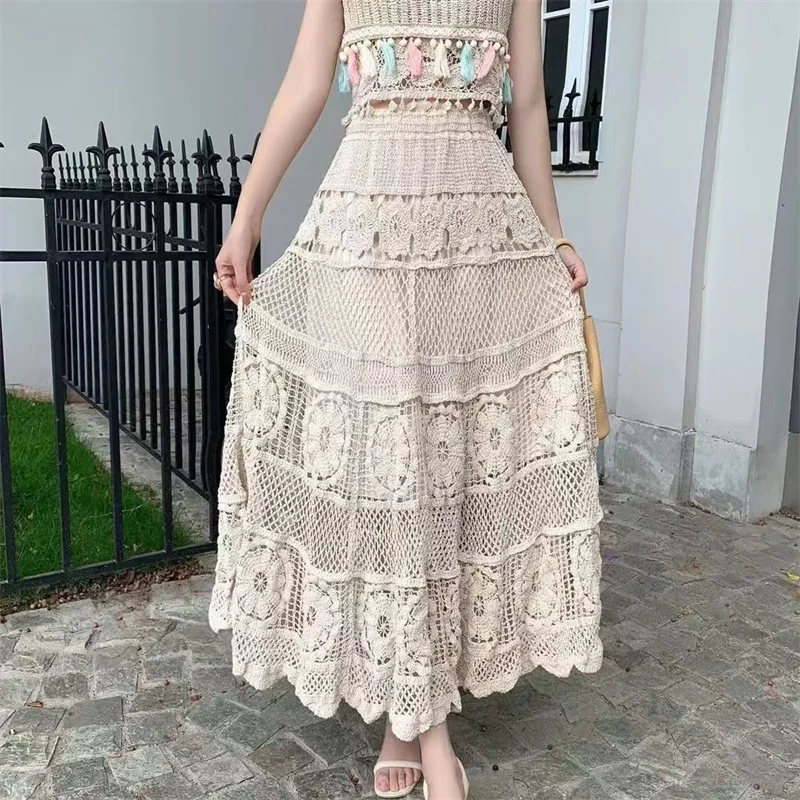 Retro Hollow Crochet Elastic Waist A-Shaped Skirt Women 2026 New Summer Long Skirt Fashion Lace High Waist Hip Skirts Female