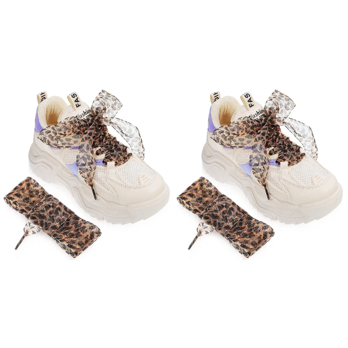 

2 PCS Flat Leopard Shoe Laces Athletic Shoes Shoelaces For Boots Polyester Child Cream