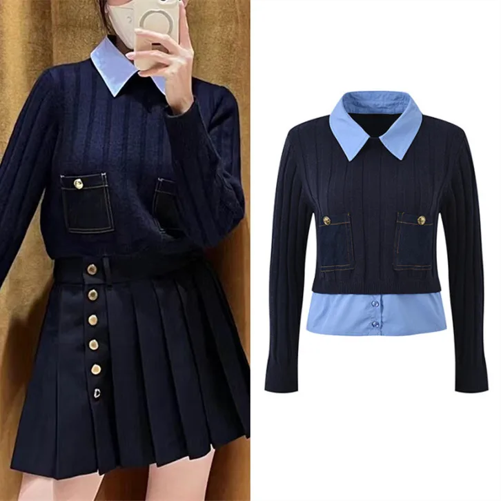 

Высококачественная версия Claes Colors Blue Вязание с воротником Sle Fem Костюмы Верхняя одежда ort Модель Long Sve Осень