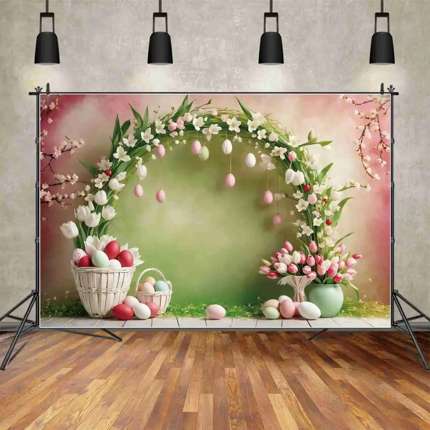 MOON.QG Floral Arch Spring Easter Photography Background Baby Tassel Eggs Party Photo Backdrop Custom Wall Decoration Banner