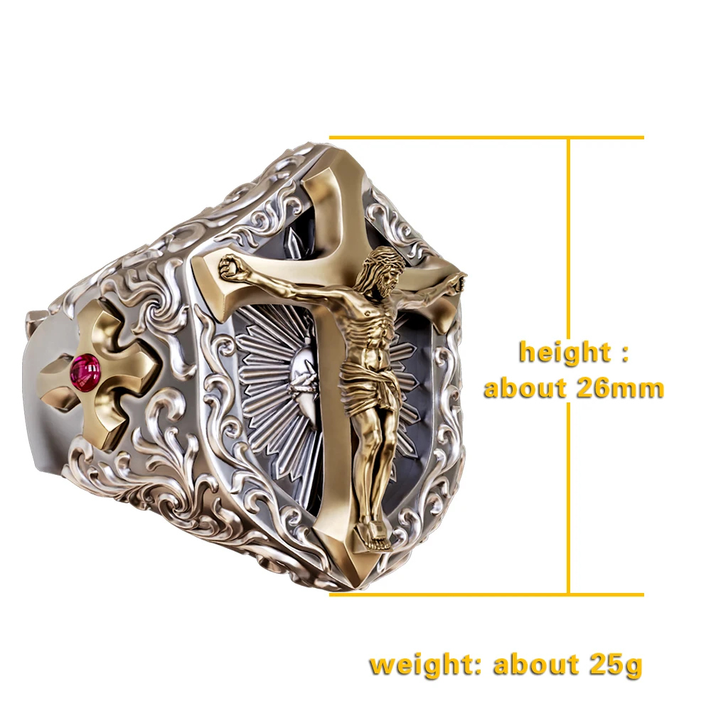 Brass Jesus Christ Cross 925 Sterling Silver Shield Ring TA451 US Size 8~15 BZ
