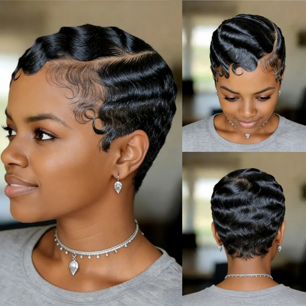 

Короткий парик из натуральных волос с текстурой Finger Wave, цвет 99j 4 черный, 13x4, с прозрачной кружевной передней частью и предварительно проработанной линией роста волос