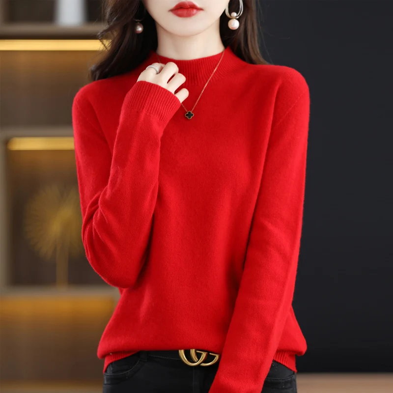 Long Sleeved Cashmere Pullover for Women, 100% Wool, Seamless Knitted, Half High Neck, Loose Sweater, Tops, Fashion,SpringAutumn