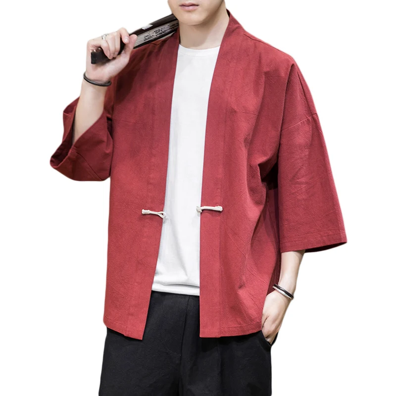 

Loose Fit Linen Hanfu Jaet Summer Large Size Open Cardigan Sun Protection Seven Sve Chinese Sle Men's Outerwear Coat