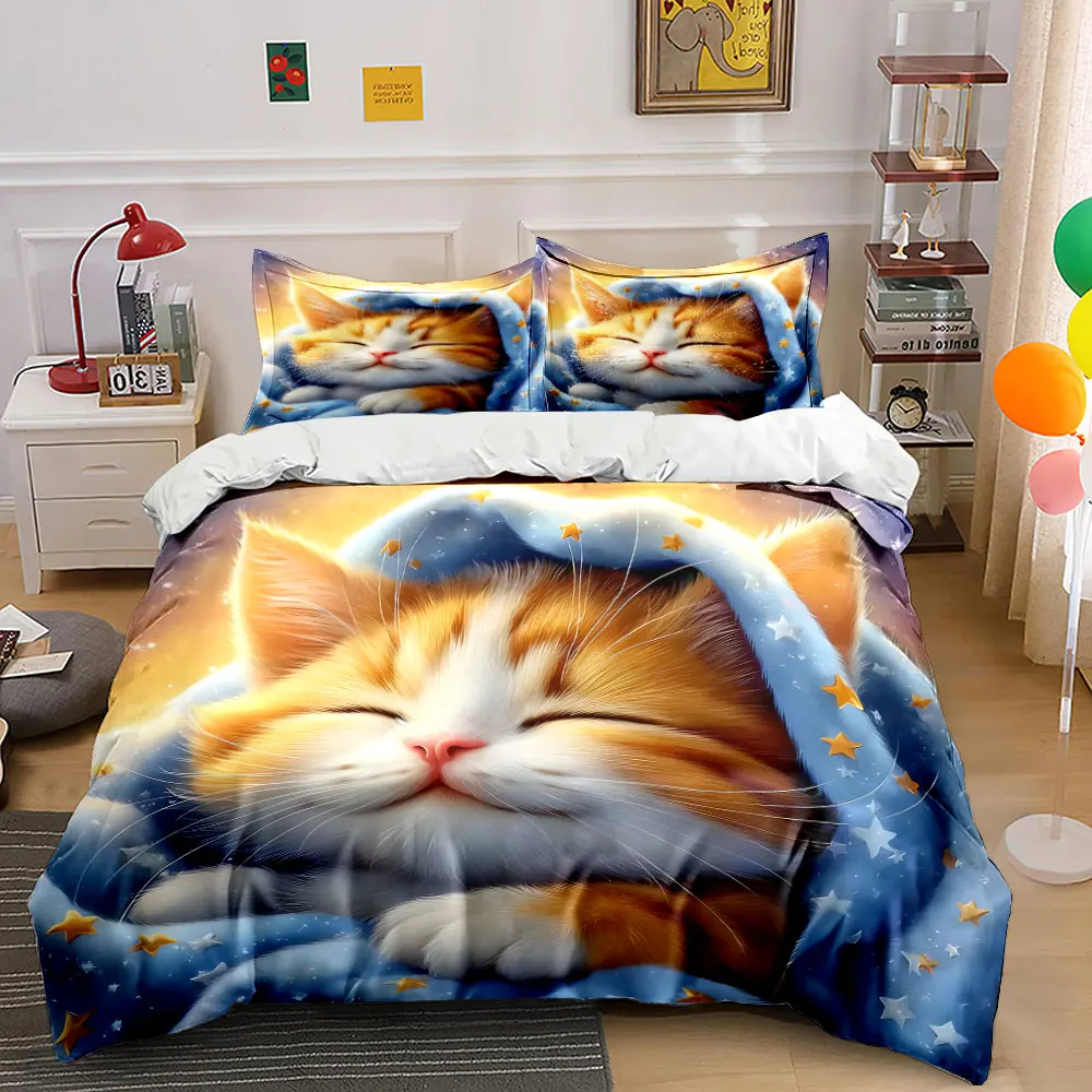 

Cozy sleeping kitten under starry blanket Pattern Duvet Cover Set Digital Print Colorful Polyester Bedding with Zipper Closur