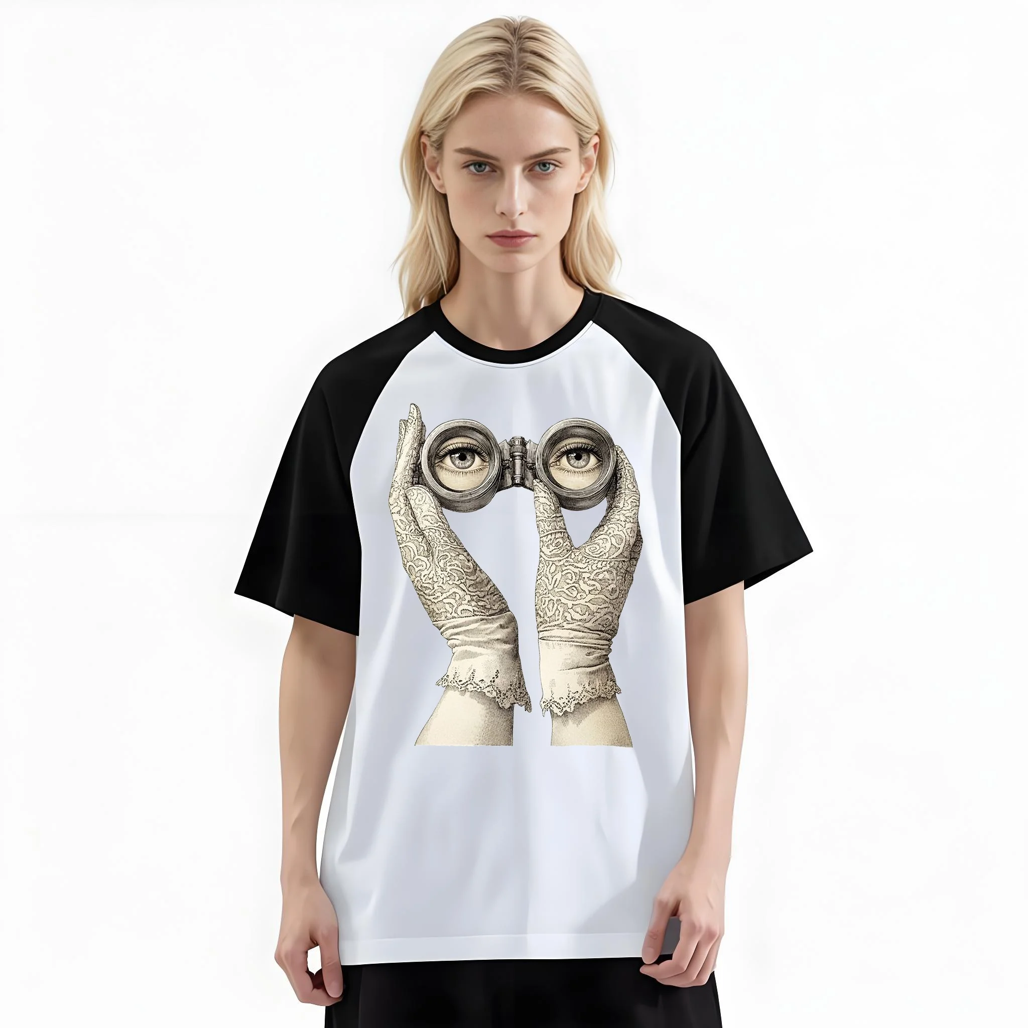 Women'S Fashion Raglan Sleeve T-Shirt, Vintage Opera Gloves With Binoculars Art Printed, Summer Casual Comfortable Tee, Women'S Everyday Short-Sleeve Top