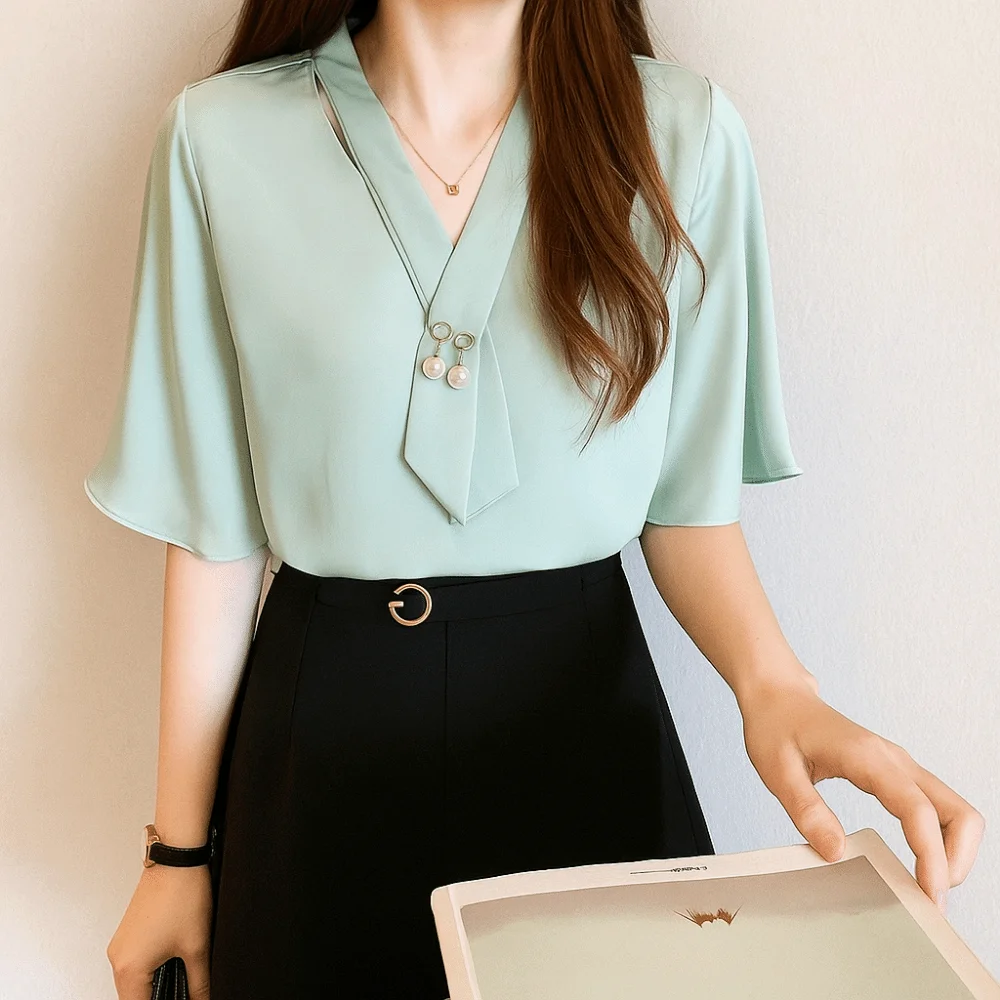 Sweet Solid Color Bow Elegant Shirt Loose Professional Long Sleeve Blouse Lace Up All Match Women's Chiffon Blouses Office