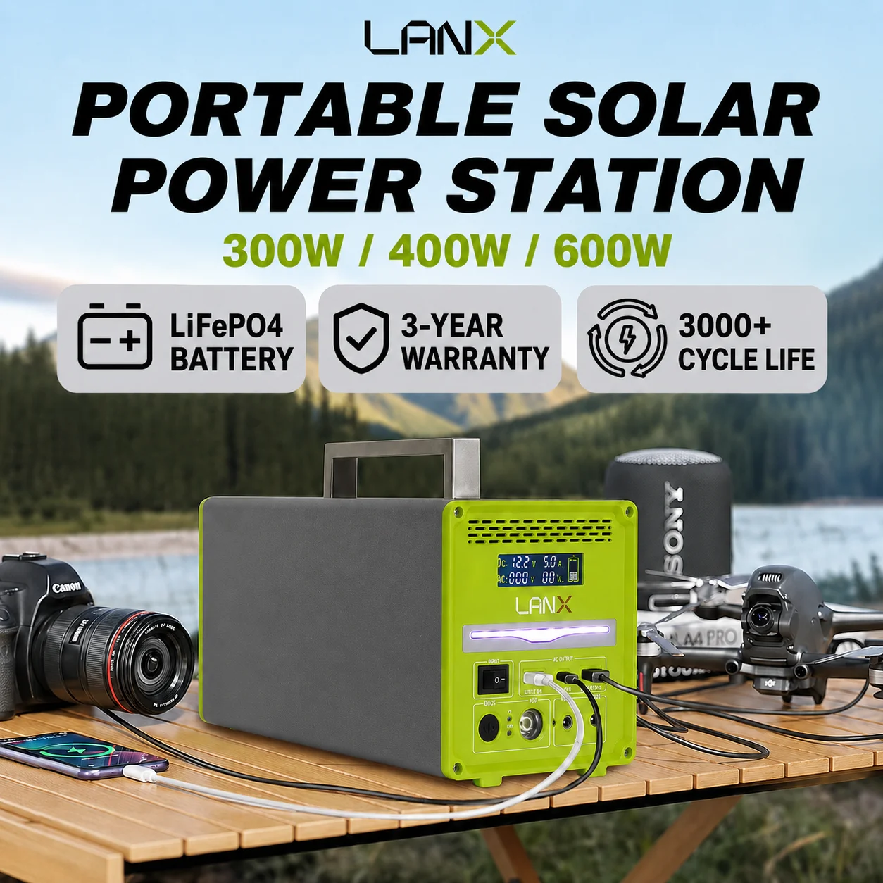 LANX 300W 400W 600W Portable Power Station Solar Generator LiFePO4 Battery 3000 Cycles AC DC USB Outdoor Camping RV Home Backup