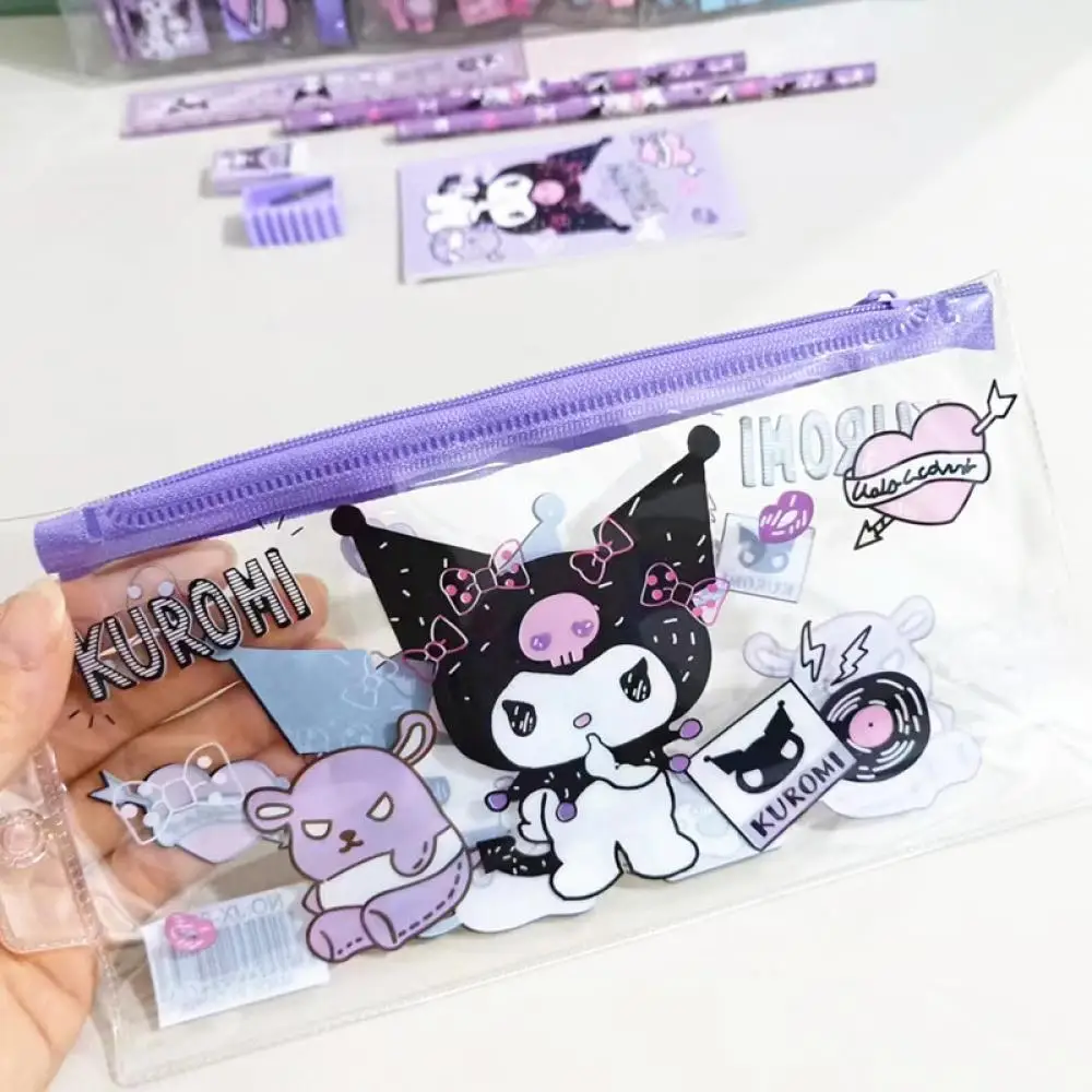 Juego de papelería de Anime Sanrio Melody Kuromi, Cinnamoroll, borrador de lápiz de dibujos animados, regla, bolsa de bolígrafo, juego de