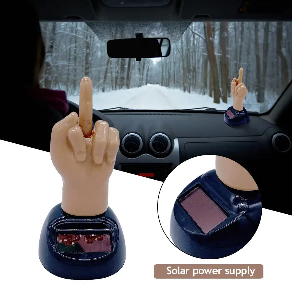 Engraçado Finger Auto Interior Prank Toy, Solar Powered, Dedo Médio Agitando Decoração, Ornamentos do painel do carro, Presente