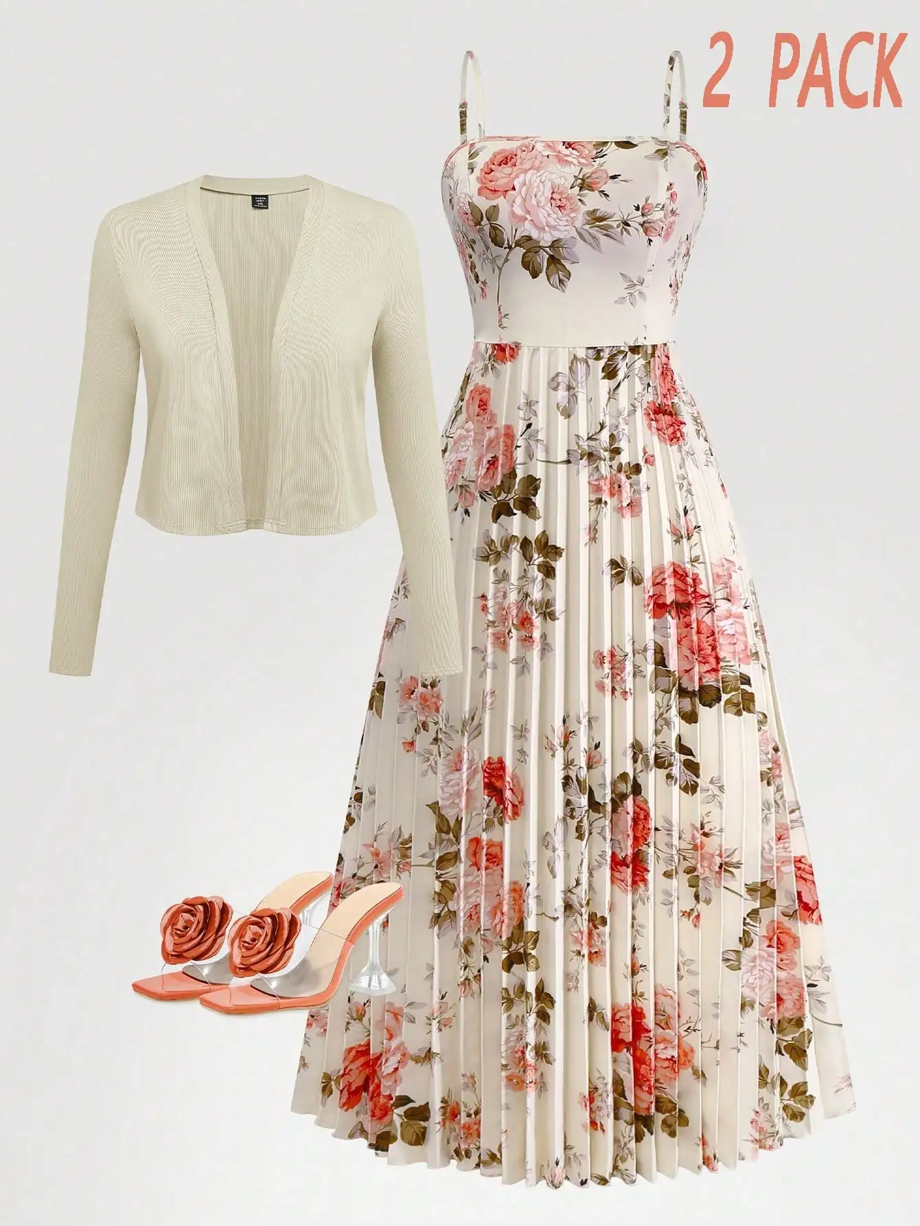 Elegantes, geblümtes, plissiertes Midikleid mit Strickjacke für Dates, Valentinstag und Freizeitaktivitäten.