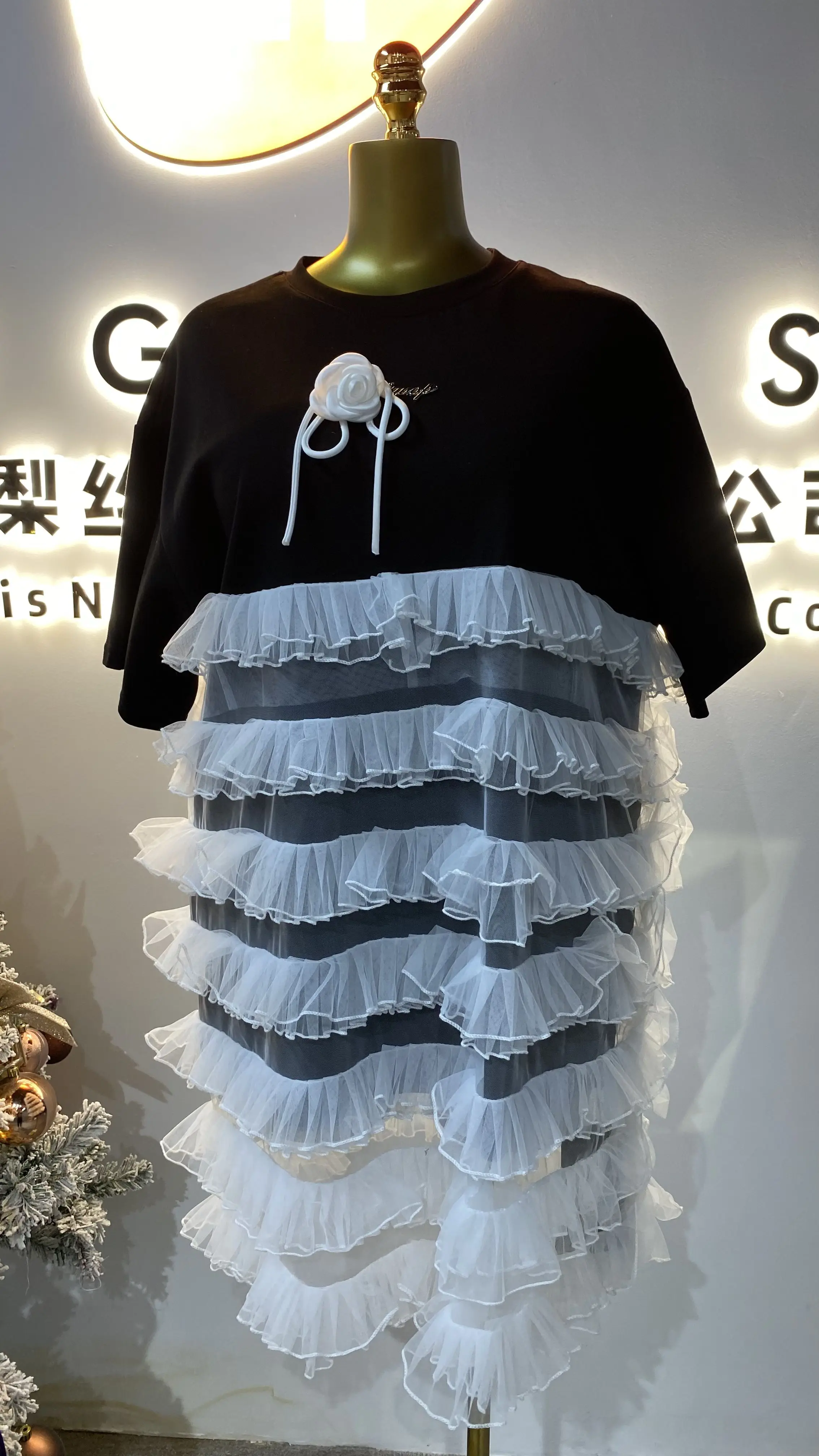 فستان تي شيرت شبكي مرقع أنيق مقاس كبير فستان فضفاض بفيونكة-GZMM394