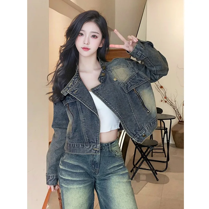 

Гонконгский джинсовый тюнер в стиле ретро, женское ор-пальто, весенне-осенний универсальный мотоциклетный топ из смеси хлопка и полиэстера