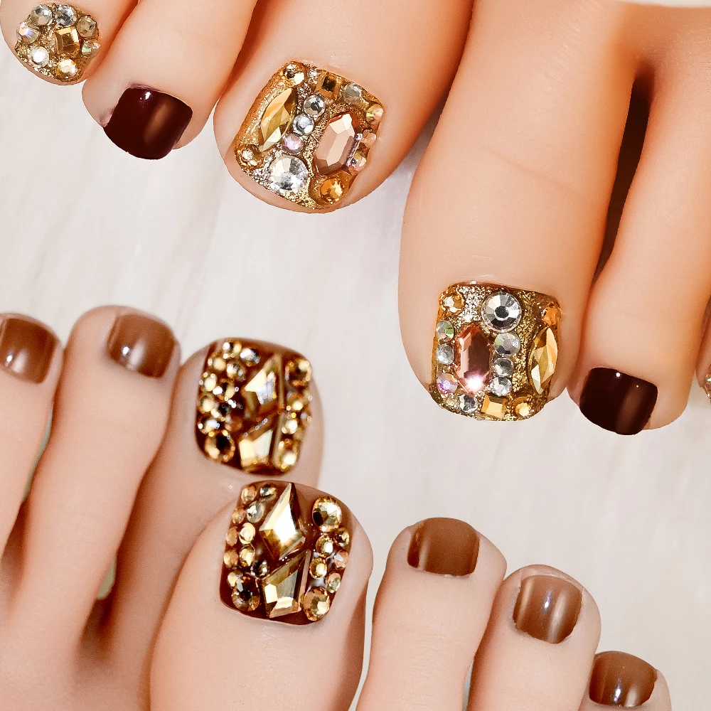 24/100/120Pcs Press On Toe Nails for Women French Tip Fake Toenail with Gold Glitter Rhinestone Design Full Cover False Toenails