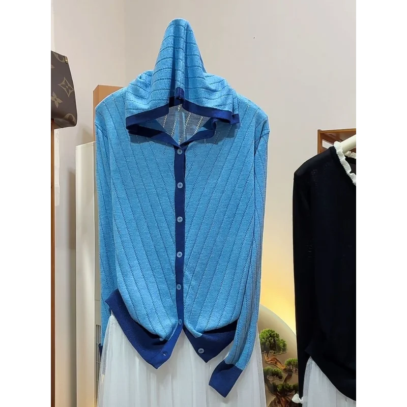 

Весенне-осенний вязаный кардиган с длинными рукавами и капюшоном, полый дышащий высококачественный легкий роскошный универсальный тонкий топ с длинными рукавами