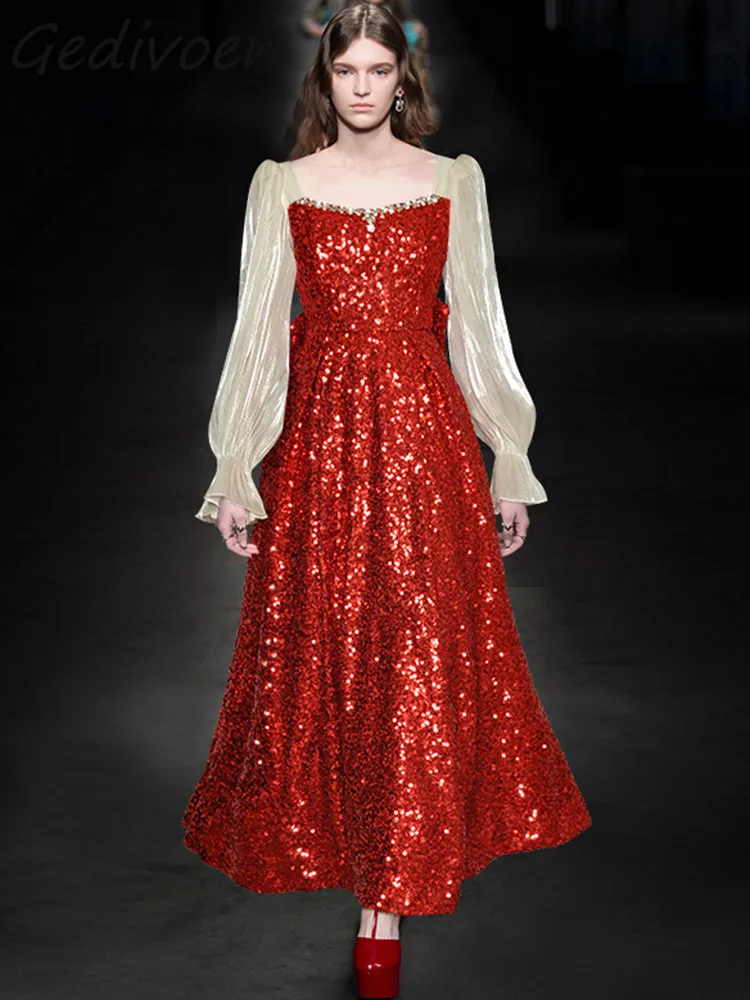 

Gedivoen Spring Fashion Runway Luxury Hit Color Dress Women's Square Collar Diamond Sequins Frenulum High Waist Slim Long Dress