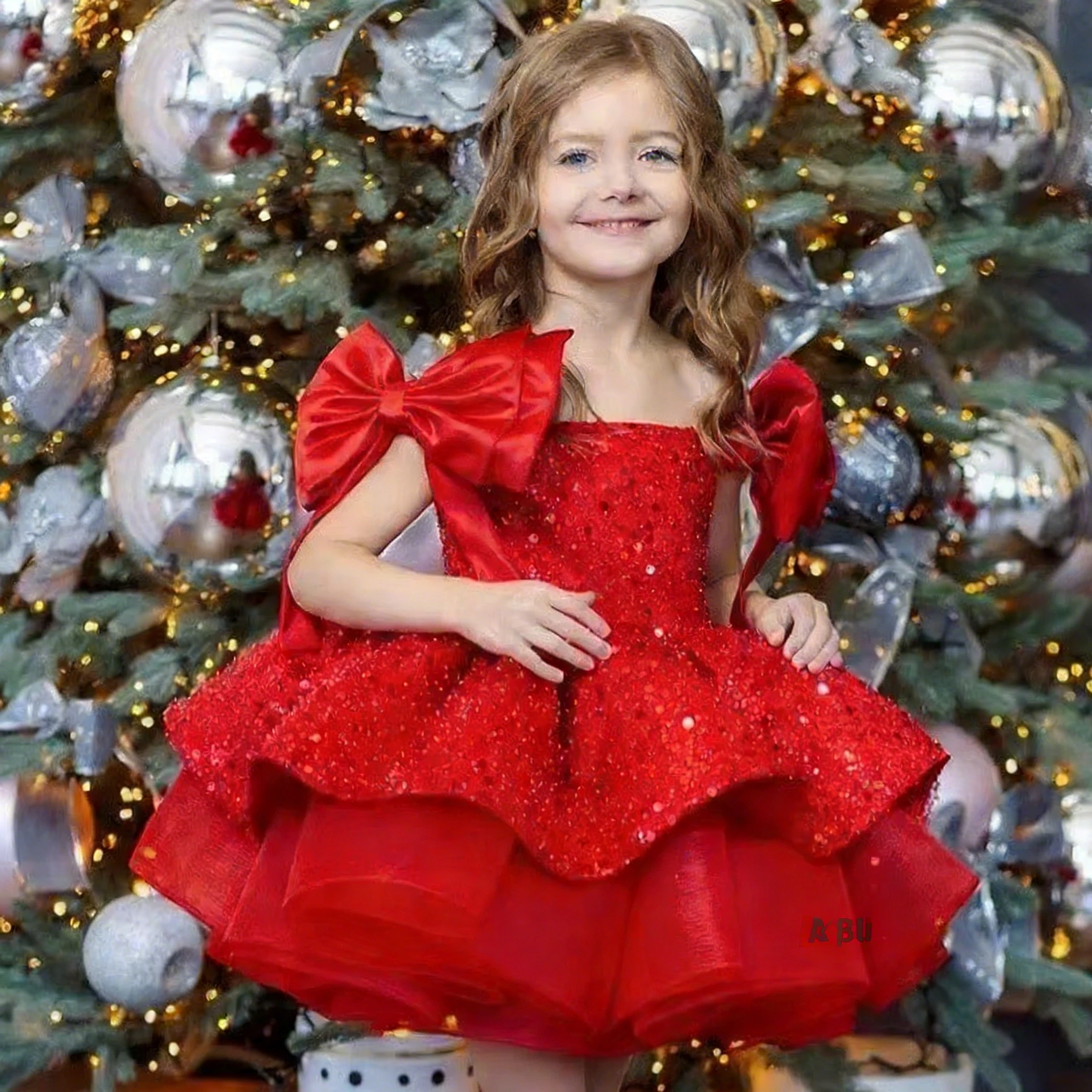 

Customized Red Flower Girl Dress For Wedding Bow Sleeveless Knee Length Elegant Kids Birthday Party First Communion Gown