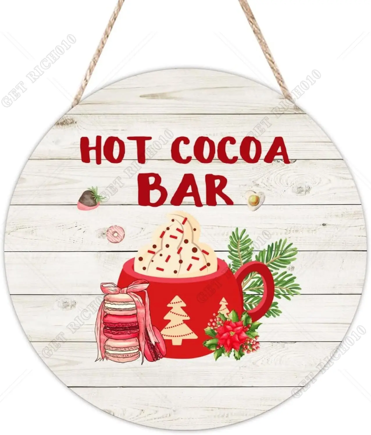 12x12 Inch Hot Cocoa Bar Door Sign for Front Door Farmhouse Decor Round Wooden Sign Rustic Door Hanger Home Decoration