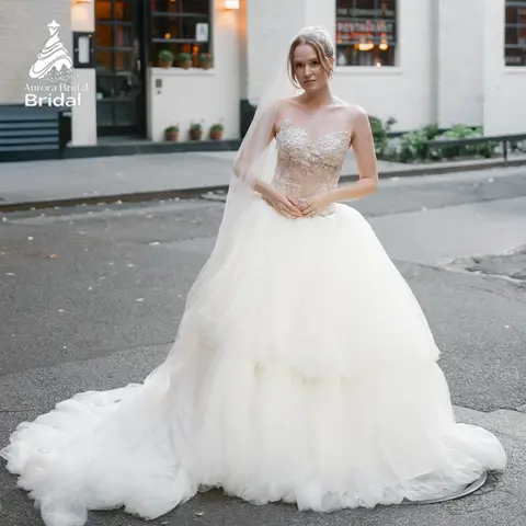Aurora Customized Long Ivory White Luxury Arabic Ball Gown Wedding Dresses Lace Sweetheart Bridal Gowns Robe De Mariee