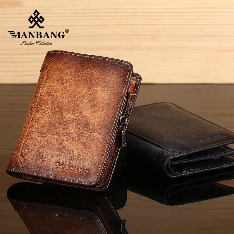 【Vintage Style & Genuine Cowhide Leather】ManBang Brand Luxury Men's Wallet Zipper Short First Layer Cowhide Purse Three Fold