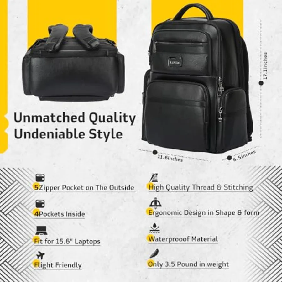 Mochila de negocios para ordenador portátil de cuero duradero, perfecta para hombres y mujeres, mochila de trabajo que se adapta a 15,6 pulgadas, bolsa de viaje de primera calidad con