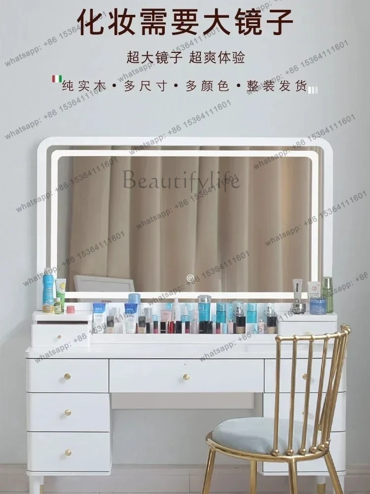 กระจกแต่งหน้าไม้แท้ FG28 ขนาดใหญ่ ดีไซน์หรูหรา ขนาด 1.4-1 เมตร สไตล์โมเดิร์นเรียบง่าย พร้อมที่เก็บของและโคมไฟ สไตล์อินส์