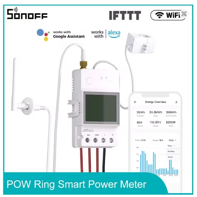 

SONOFF POWCT 100A WiFi POW Ring Smart Meter Split CT Sensor ESP32 Чип Монитор мощности Приложение EWeLink с Alexa Google Home