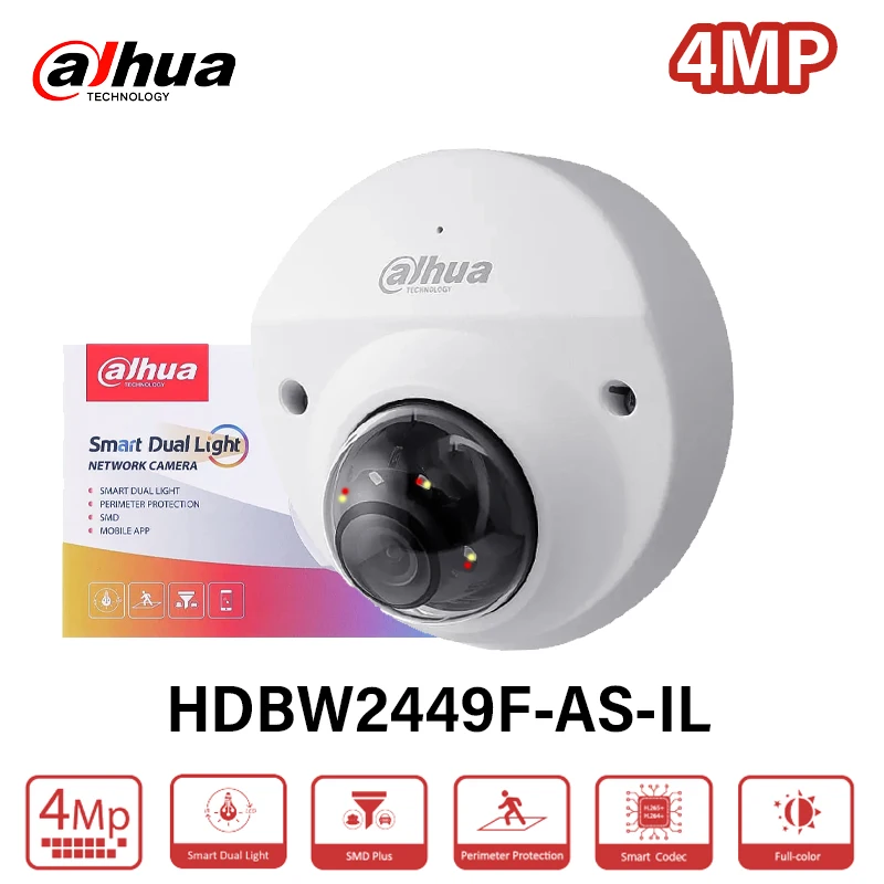Dahua 4MP Full Color Mini Dome Camera Smart Dual Light 2K IP Camera IR 30m Built-in Mic Audio Alarm Port SMD IPC-HDBW2449F-AS-IL