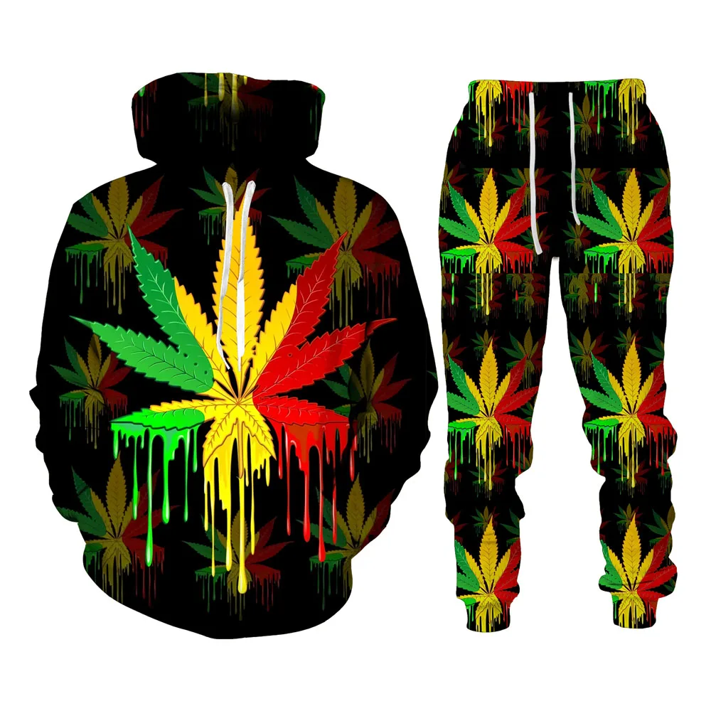 

3D Printing Three Color Maple Leaf Sportswear Men's Original Night Cap Men's Autumn Jacket Two Piece Hooded Pants Sportswear