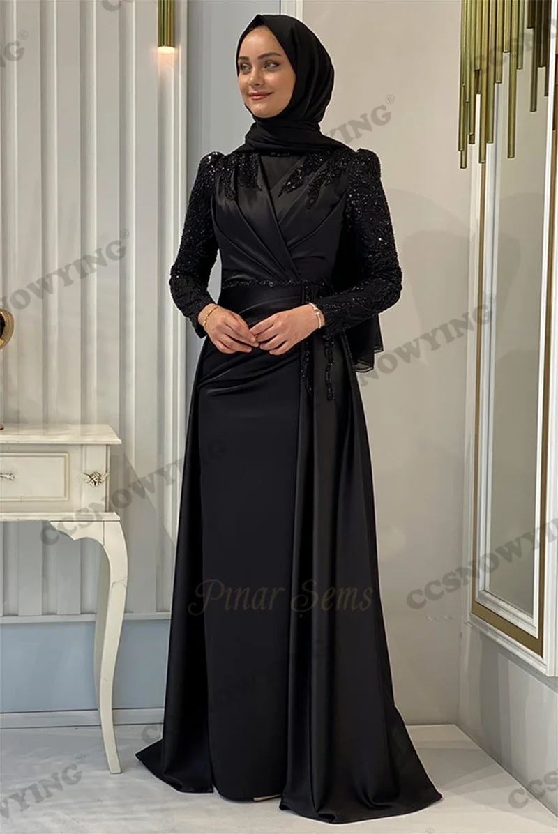 Satin Appliques Hijab Muslim Evening Dresses Long Sleeve Islamic Formal Party Gown Women Arabic Kafatn Robe De Soiree