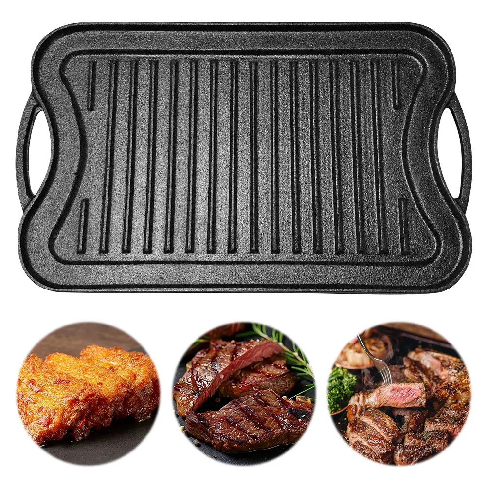 Cast Iron Grill Plate Flat & Ridged Skillet Pan Non-Stick Rectangular Frying Pan 42x25cm Griddle Plate for Outdoor Cooking