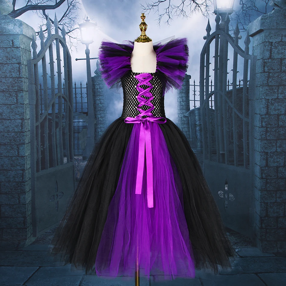 Maleficent Children Costume Tulle Dress Girls Cosplay Vestidos Party Evil Queen Mesh Princess Dress Kids All Saint Day Apparel