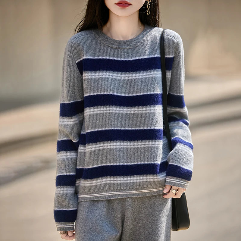 

Женский шерстяной пуловер на осень и зиму, вязаный полосатый свитер с круглым вырезом и длинными рукавами, повседневный мягкий высококачественный топ