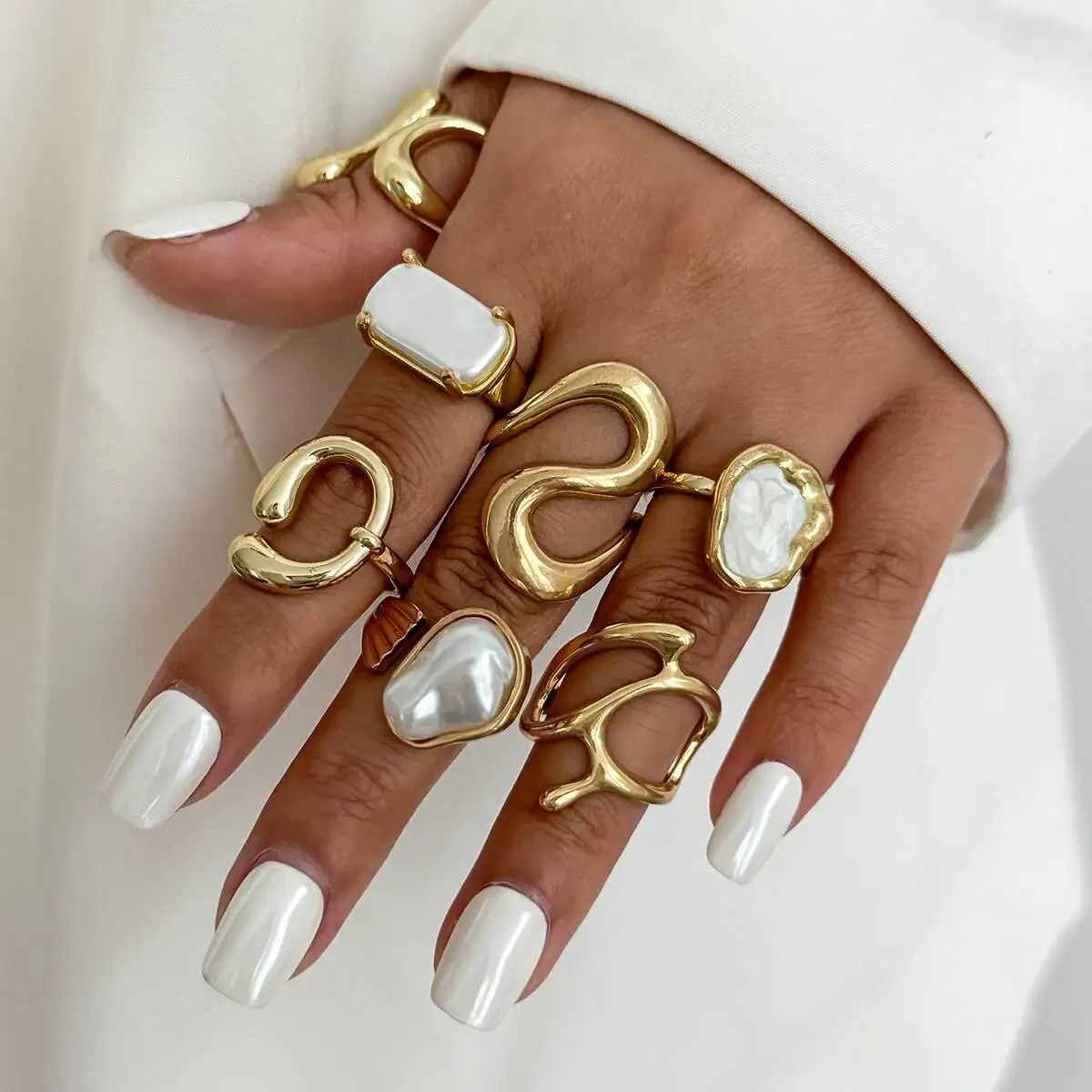 

SHIXIN 7Pcs Elegant Imitation Pearl Open Ring Set for Women Geometric Irregular Adjustable Knuckle Ring Boho Jewelry Accessory