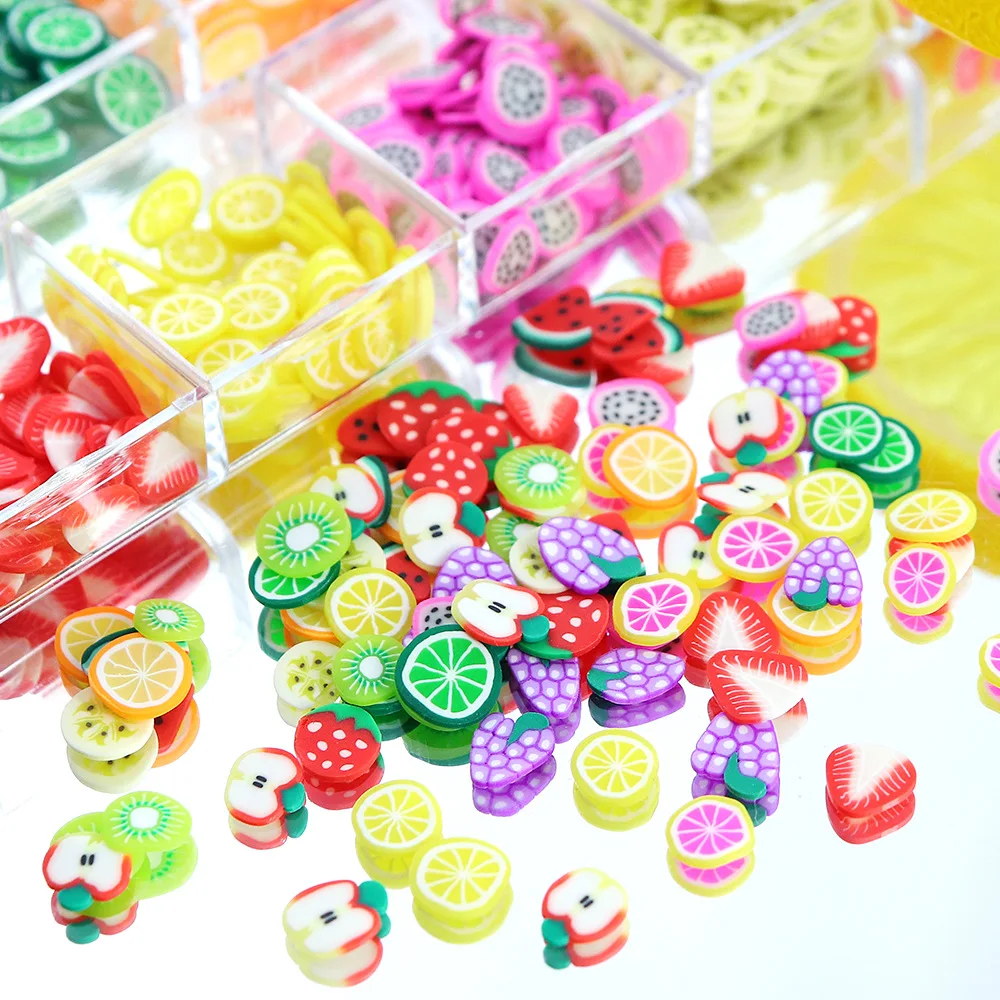 12grid 3D Colorful Nail Fruit Slices Cute Summer Fruit Polymer Clay Slices Nail Charms 12 Styles Fruit Slime Nail Art Decoration