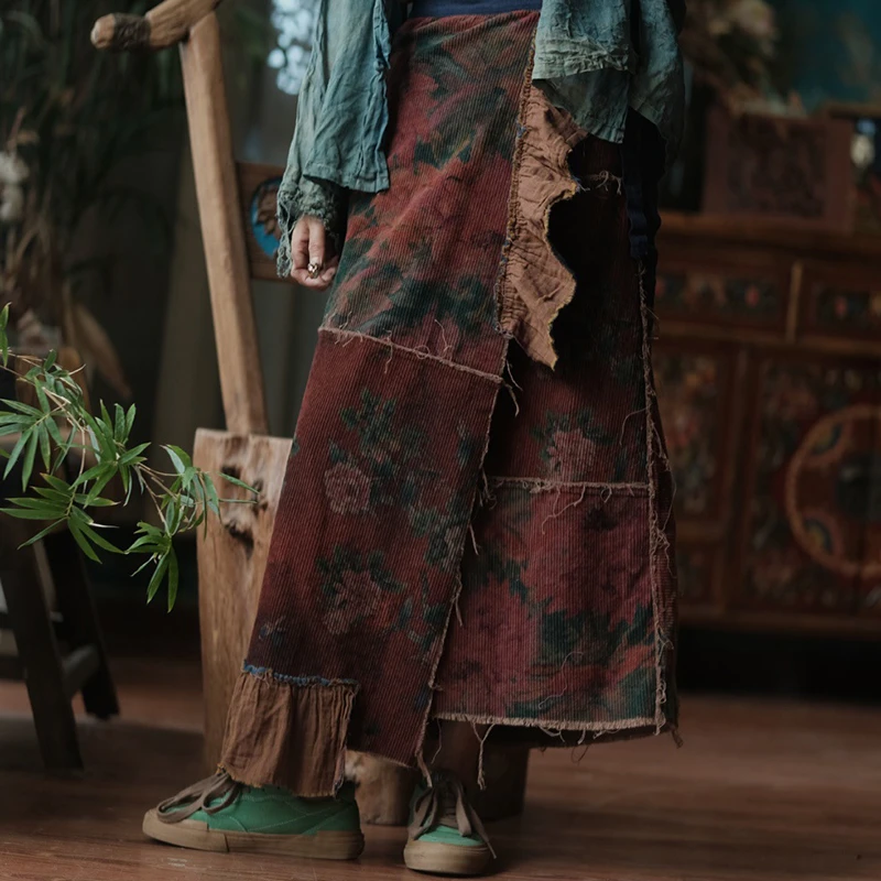 

Женская повседневная юбка из 100% хлопка, новинка 2025 года, осень, винтажный стиль, свободные удобные женские длинные юбки трапециевидной формы с цветочным принтом M1881