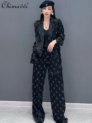 2024 Spring Autumn Fashion Printed Long-Sleeved Suit Jacket Wide-Leg Trousers Two-Piece Fashion Commuter Loose Elegant Outfits