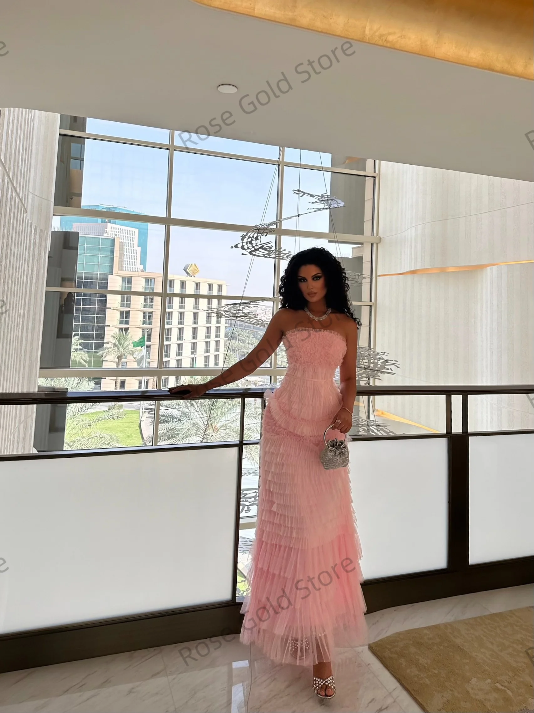 Illsuion Pink Evening Dress for Formal Occasion A Line Tiered Sleevless Robe de Soriee Customized Long Women Prom Gowns