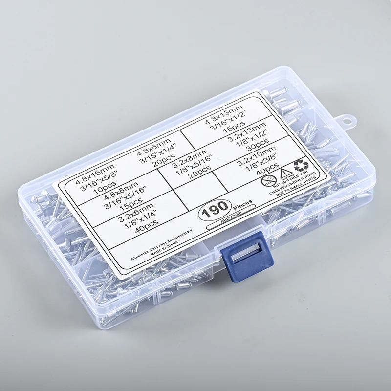

190PCS Aluminum Rivet Open Type Round Head Blind Rivets Countersunk Aluminum Iron Rivets Decorative Rivets Set Box