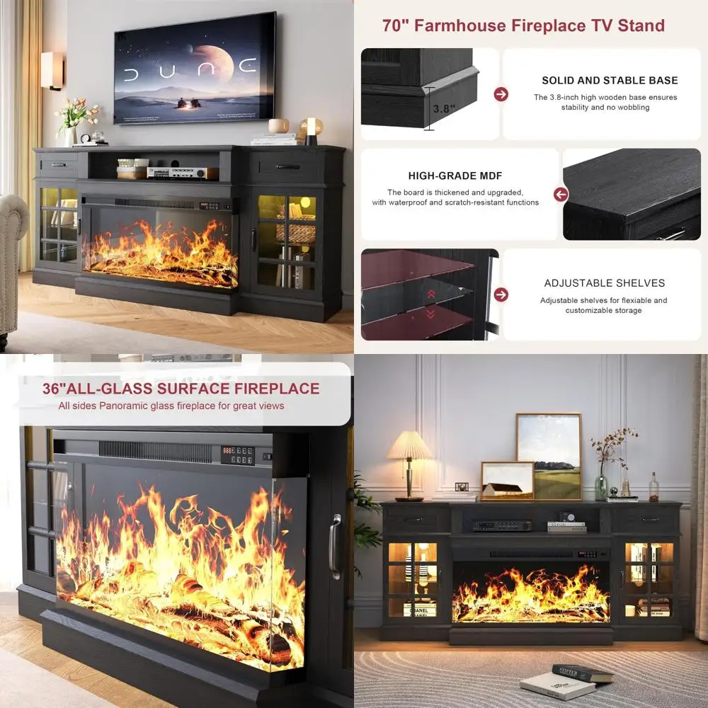 حامل تلفزيون حديث 70 مع مدفأة زجاجية ثلاثية الجوانب، مركز وسائط خشبية مضيئة بإضاءة LED