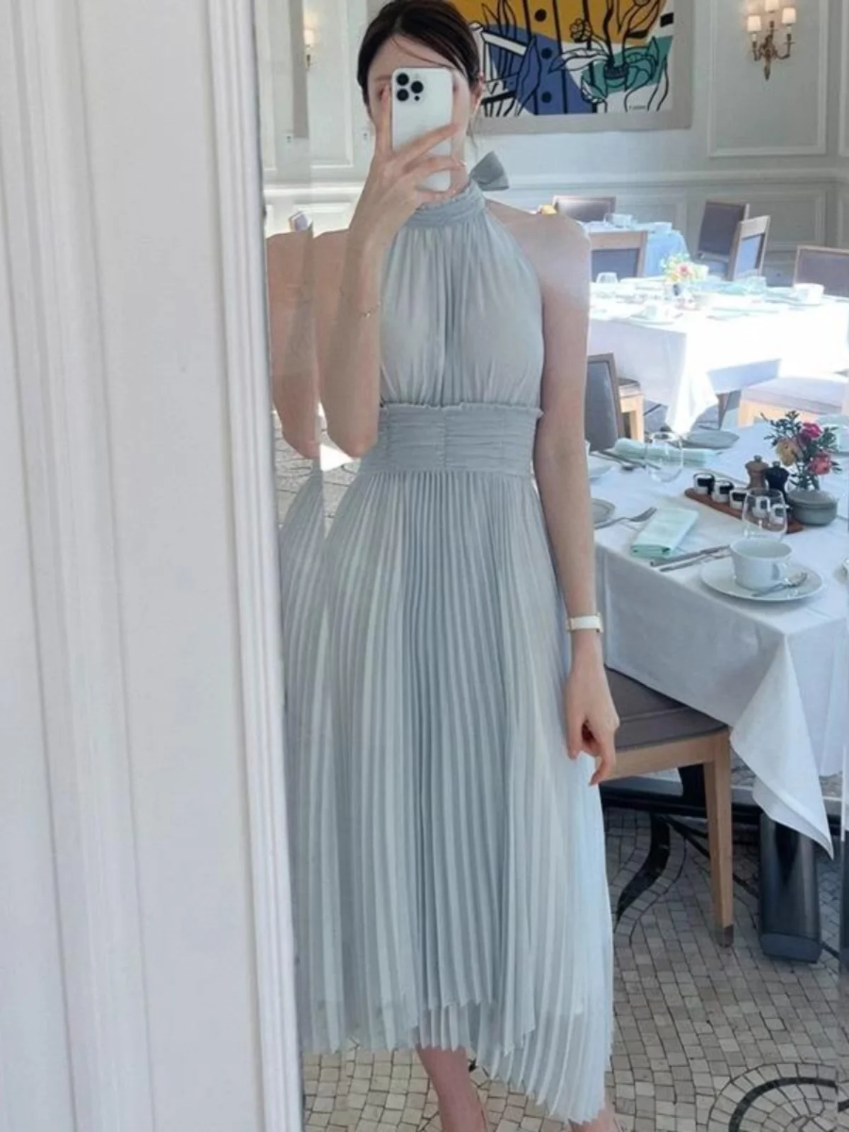

Blue Slimming Long Beach Dr Ne Hanging Waist Cinching Summer Vaion Skirt A-Line Gown for Women Traveling in Sanya Yunnan
