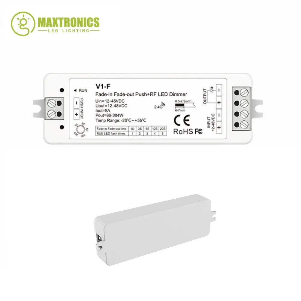 12-48VDC CV Fade-in Fade-out LED Dimmer(Push Dim)V1-F RF 1CH*8A 5Fading Speed/Step-less Dimming For Single Color LED Strip Light